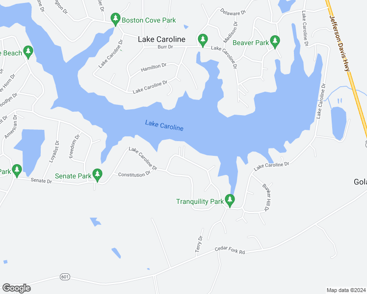 map of restaurants, bars, coffee shops, grocery stores, and more near 142 Lake Caroline Drive in Ruther Glen