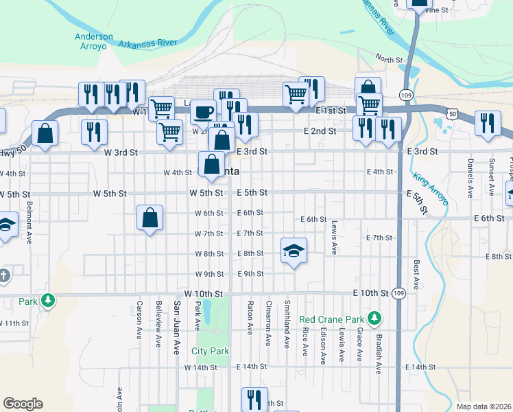 map of restaurants, bars, coffee shops, grocery stores, and more near in La Junta