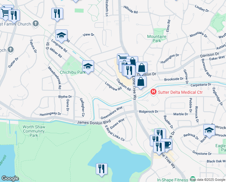 map of restaurants, bars, coffee shops, grocery stores, and more near 3620 Longview Road in Antioch