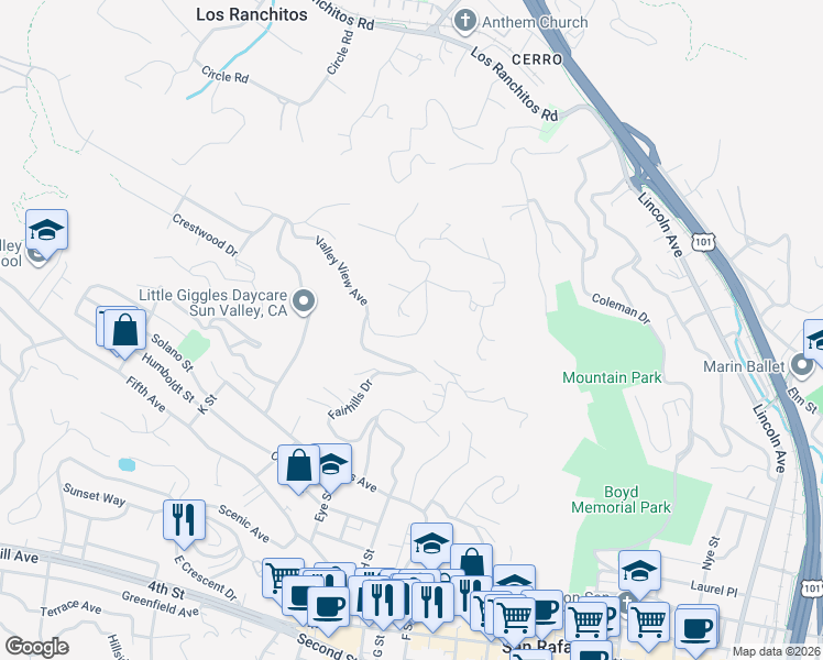map of restaurants, bars, coffee shops, grocery stores, and more near 447 Fairhills Drive in San Rafael