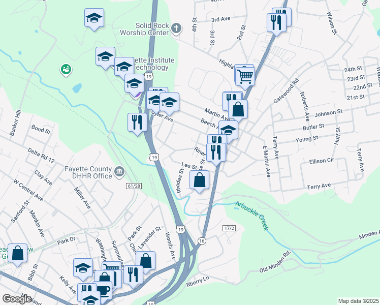 map of restaurants, bars, coffee shops, grocery stores, and more near 180 Lee Ave in Oak Hill