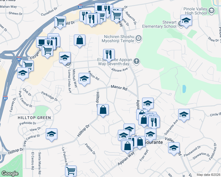 map of restaurants, bars, coffee shops, grocery stores, and more near 951 Manor Road in Richmond
