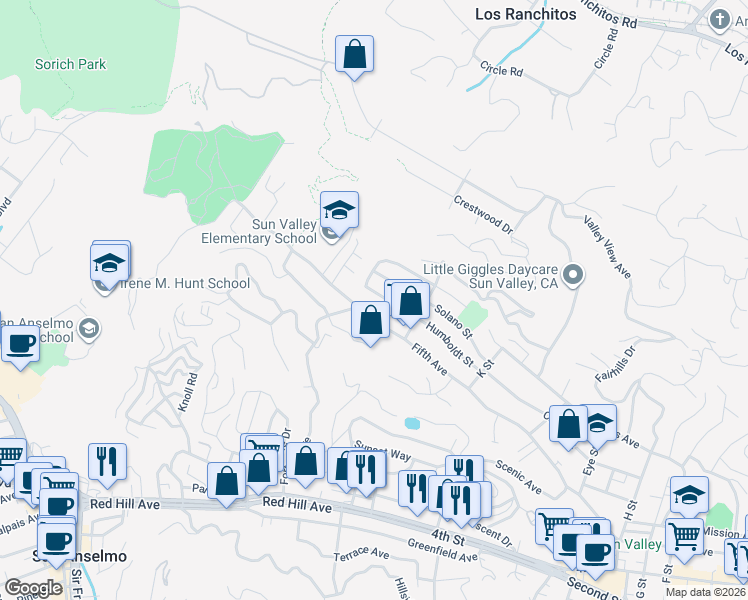 map of restaurants, bars, coffee shops, grocery stores, and more near 229 Humboldt Street in San Rafael