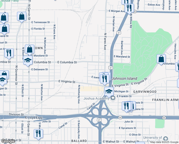 map of restaurants, bars, coffee shops, grocery stores, and more near 1100 East Iowa Street in Evansville