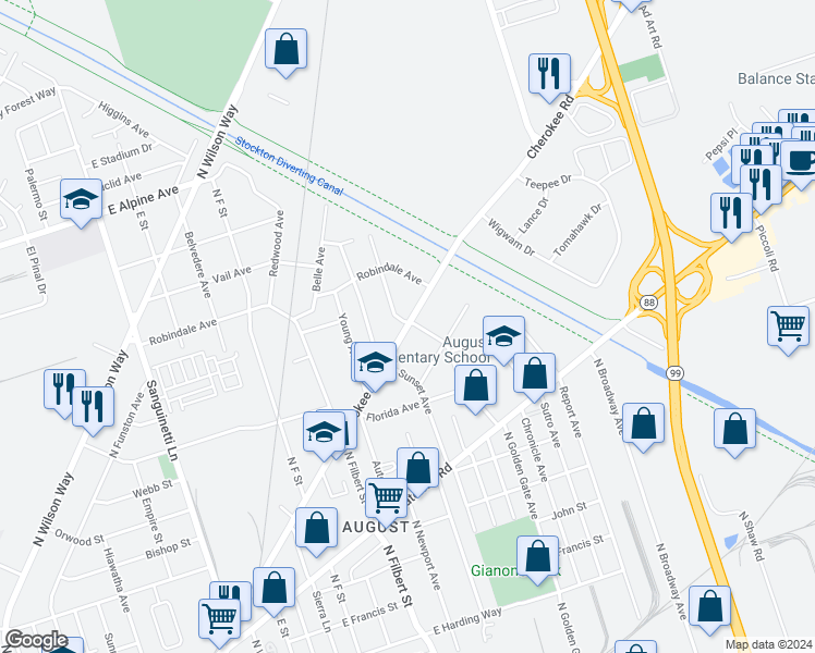 map of restaurants, bars, coffee shops, grocery stores, and more near 2263 Cherokee Road in Stockton