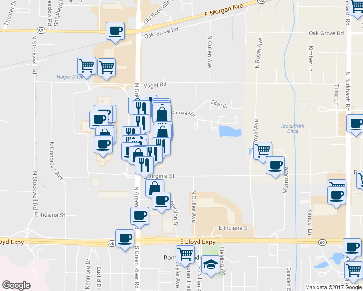 map of restaurants, bars, coffee shops, grocery stores, and more near 5194 Normandy Court in Evansville
