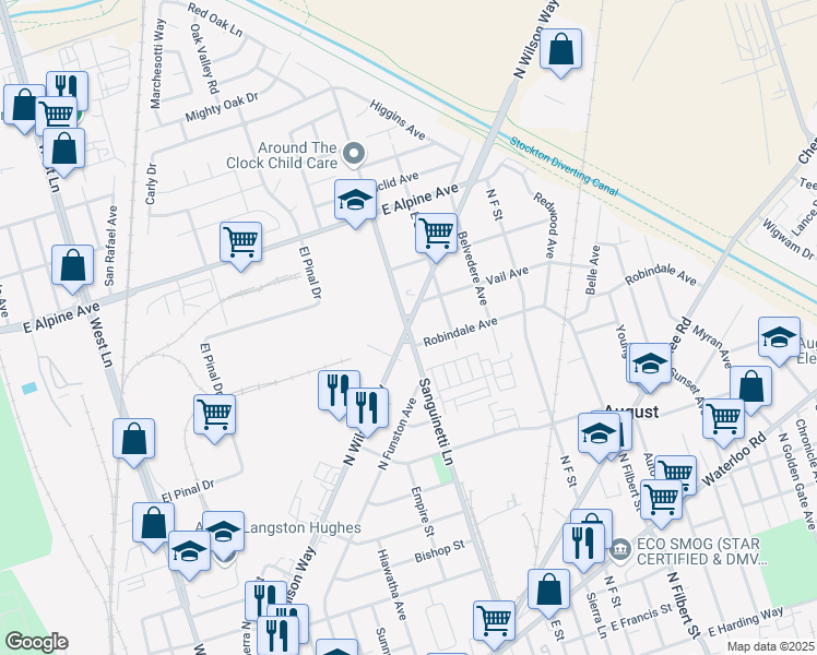 map of restaurants, bars, coffee shops, grocery stores, and more near N Wilson Way & N Sanguinetti Ln in San Joaquin