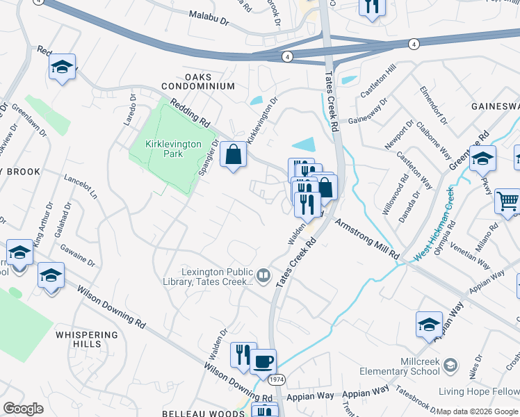 map of restaurants, bars, coffee shops, grocery stores, and more near 568 Rhodora Ridge in Lexington