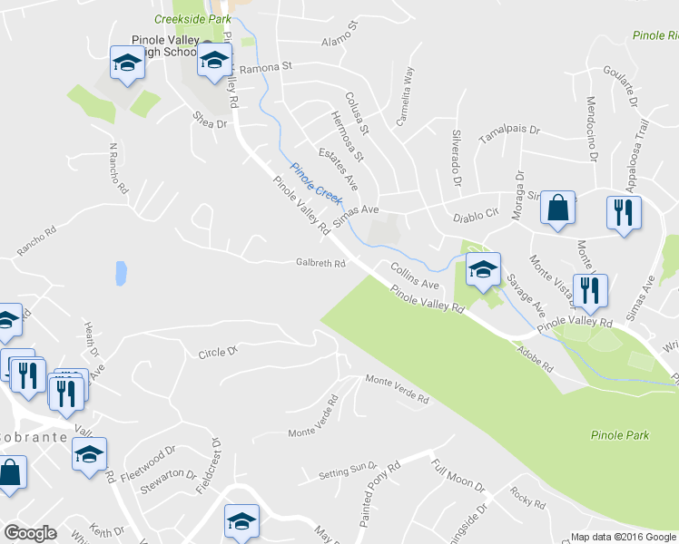 map of restaurants, bars, coffee shops, grocery stores, and more near 2500 Galbreth Road in Pinole
