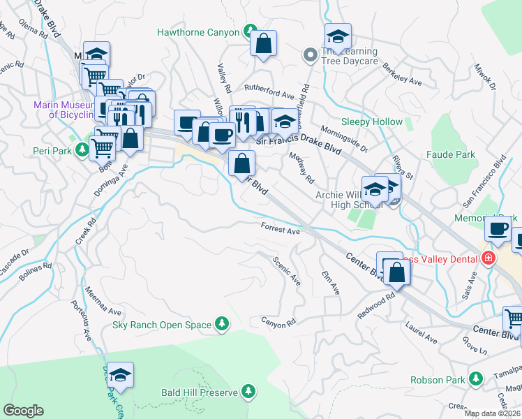 map of restaurants, bars, coffee shops, grocery stores, and more near 19 Hooper Lane in San Anselmo