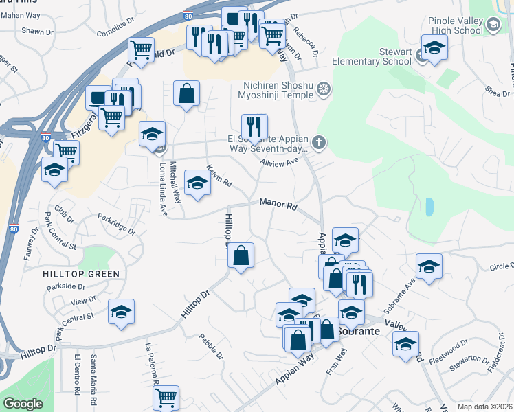 map of restaurants, bars, coffee shops, grocery stores, and more near 951 Manor Road in El Sobrante