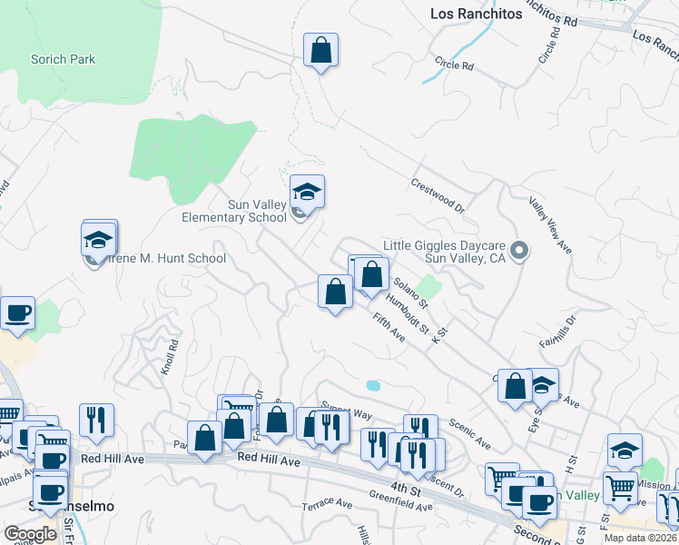 map of restaurants, bars, coffee shops, grocery stores, and more near 229 Humboldt Street in San Rafael