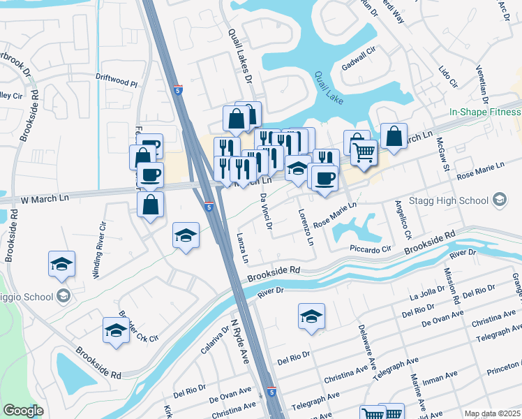 map of restaurants, bars, coffee shops, grocery stores, and more near 4609 Da Vinci Drive in Stockton