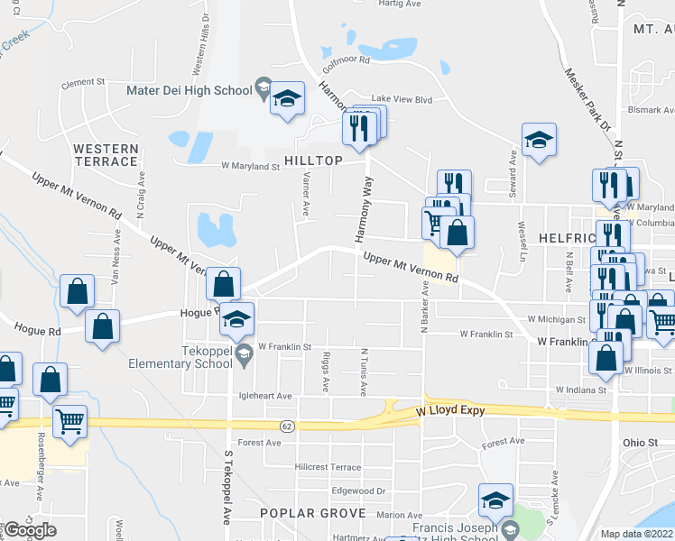 map of restaurants, bars, coffee shops, grocery stores, and more near 3161 Droll Avenue in Evansville