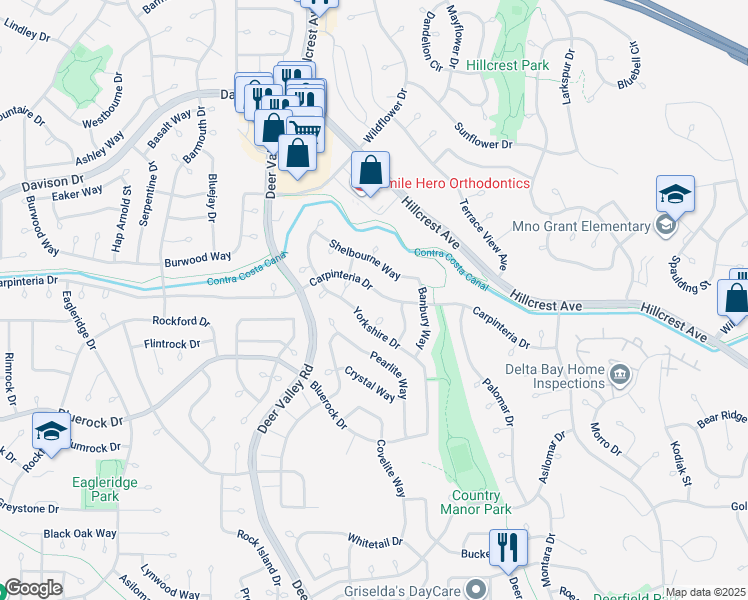 map of restaurants, bars, coffee shops, grocery stores, and more near 2426 Carpinteria Drive in Antioch