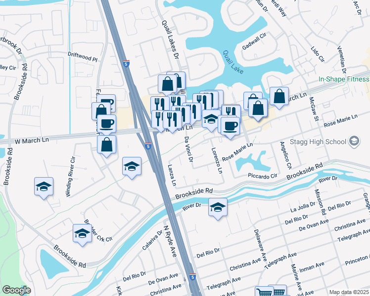 map of restaurants, bars, coffee shops, grocery stores, and more near 2609 Grand Canal Boulevard in Stockton