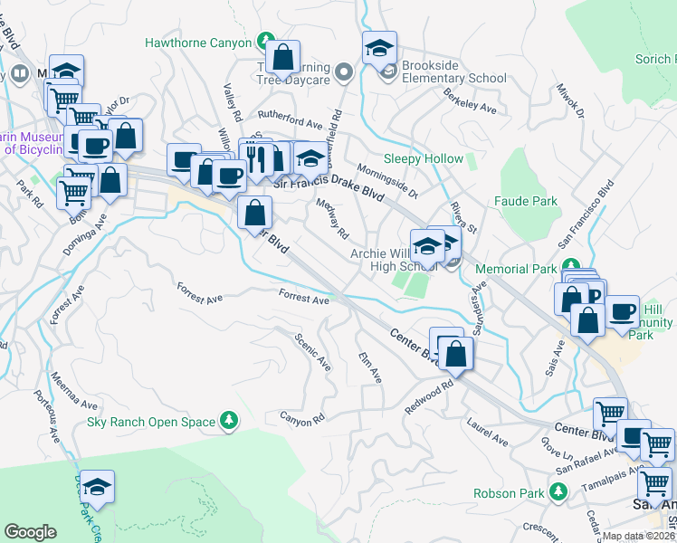 map of restaurants, bars, coffee shops, grocery stores, and more near 1527 San Anselmo Avenue in San Anselmo