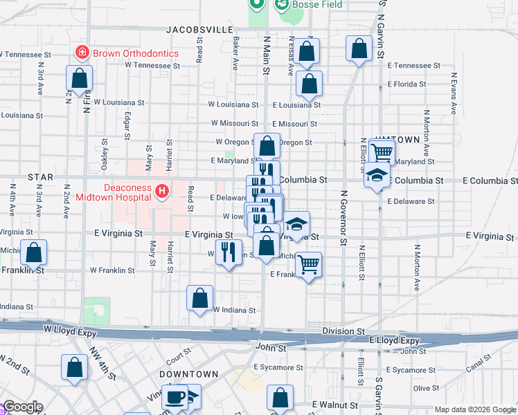 map of restaurants, bars, coffee shops, grocery stores, and more near 600 North Main Street in Evansville