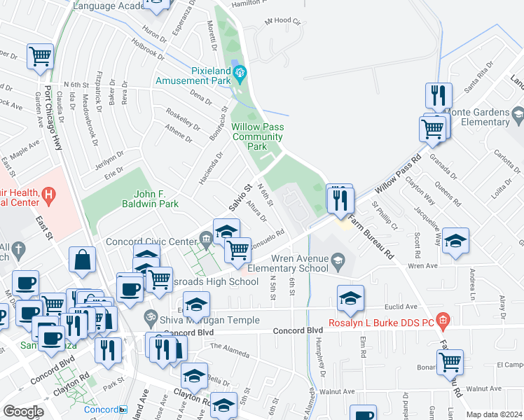 map of restaurants, bars, coffee shops, grocery stores, and more near 1958 Altura Drive in Concord