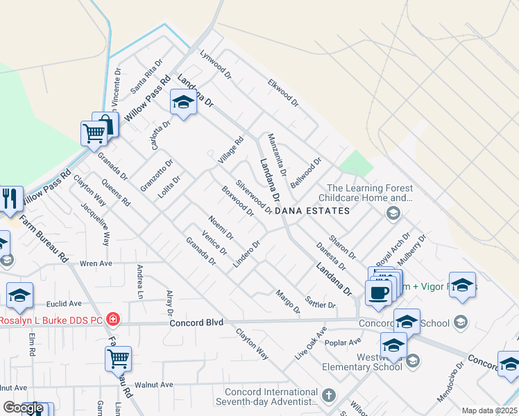 map of restaurants, bars, coffee shops, grocery stores, and more near 1821 Silverwood Drive in Concord