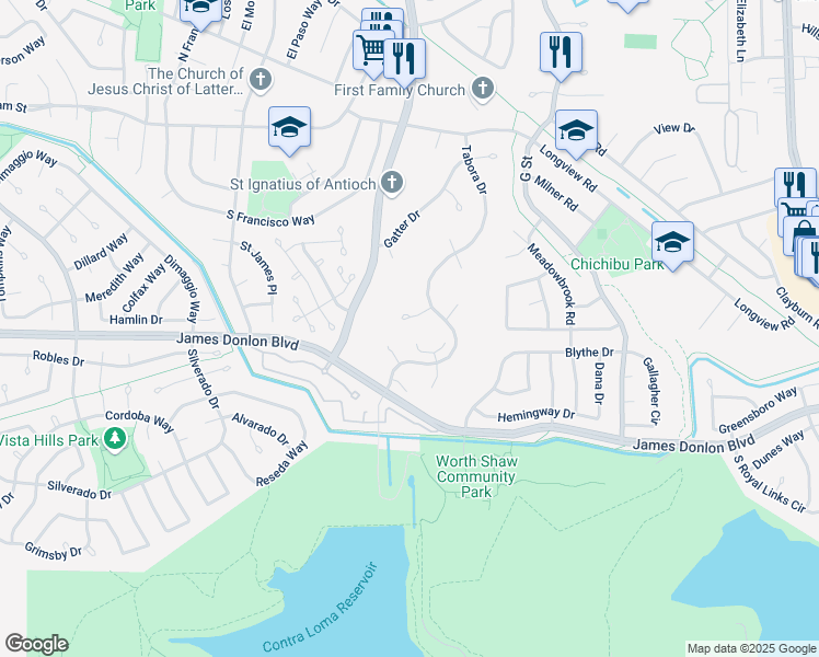 map of restaurants, bars, coffee shops, grocery stores, and more near 3537 Dameron Place in Antioch