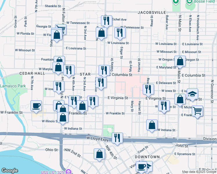 map of restaurants, bars, coffee shops, grocery stores, and more near 611 North First Avenue in Evansville