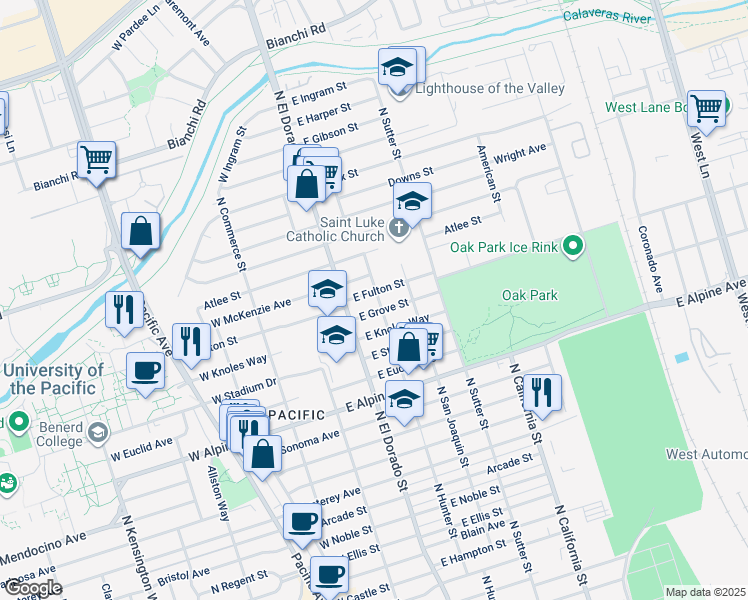 map of restaurants, bars, coffee shops, grocery stores, and more near 3655 North Hunter Street in Stockton