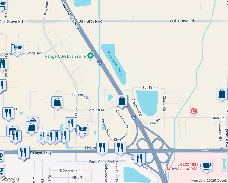 map of restaurants, bars, coffee shops, grocery stores, and more near 727 Mollbrooke Trail in Evansville