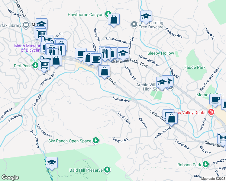 map of restaurants, bars, coffee shops, grocery stores, and more near 19 Hooper Lane in San Anselmo