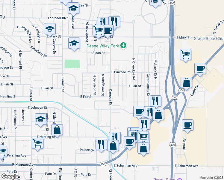 map of restaurants, bars, coffee shops, grocery stores, and more near 2007 Arapaho Drive North in Garden City