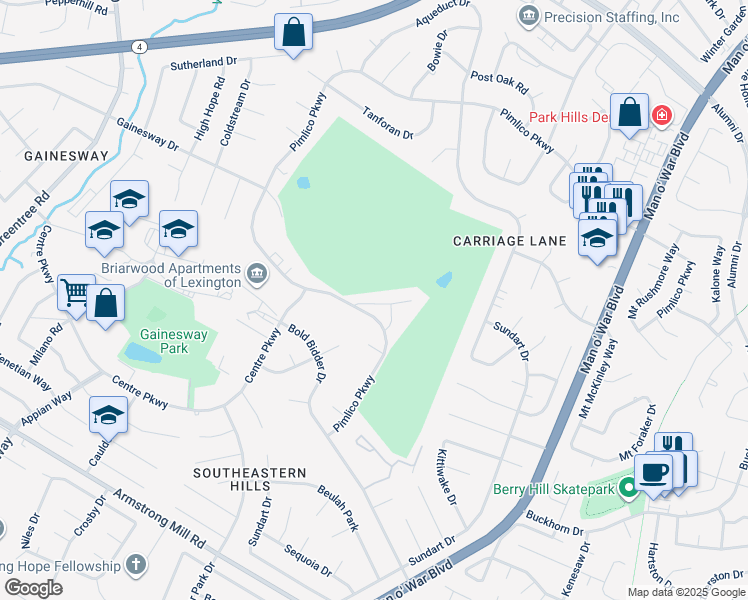 map of restaurants, bars, coffee shops, grocery stores, and more near 3501 Pimlico Parkway in Lexington