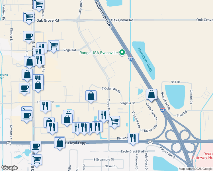 map of restaurants, bars, coffee shops, grocery stores, and more near 7323 East Columbia Street in Evansville