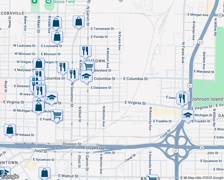 map of restaurants, bars, coffee shops, grocery stores, and more near 736 East Iowa Street in Evansville