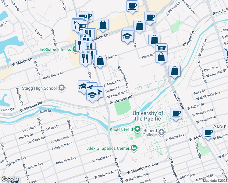 map of restaurants, bars, coffee shops, grocery stores, and more near 1202 Downs Street in Stockton