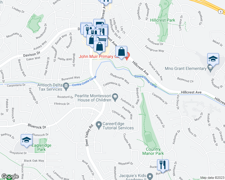 map of restaurants, bars, coffee shops, grocery stores, and more near Yorkshire Drive & Ashford Court in Antioch