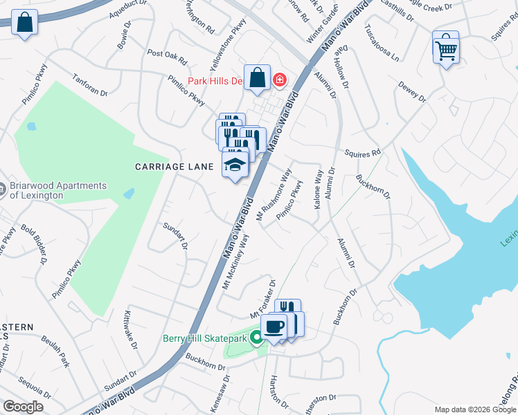 map of restaurants, bars, coffee shops, grocery stores, and more near 1153 Mount Rushmore Way in Lexington