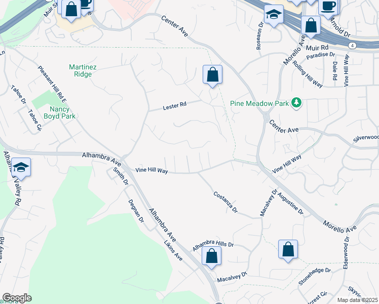 map of restaurants, bars, coffee shops, grocery stores, and more near 808 Roberts Court in Martinez