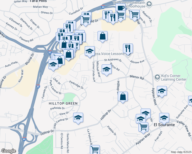 map of restaurants, bars, coffee shops, grocery stores, and more near 950 Loma Linda Avenue in El Sobrante