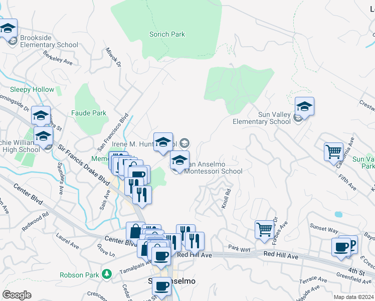 map of restaurants, bars, coffee shops, grocery stores, and more near 300 Sunnyhills Drive in San Anselmo
