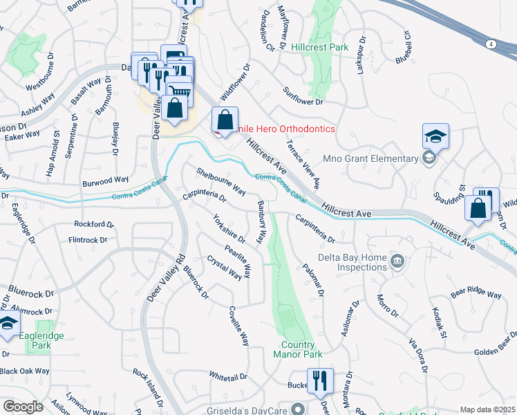 map of restaurants, bars, coffee shops, grocery stores, and more near 2467 Carpinteria Drive in Antioch