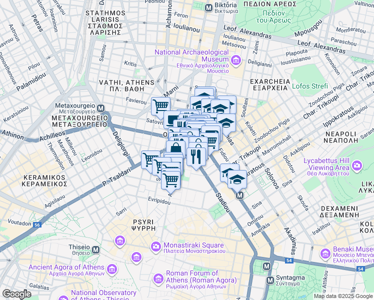 map of restaurants, bars, coffee shops, grocery stores, and more near in Athina