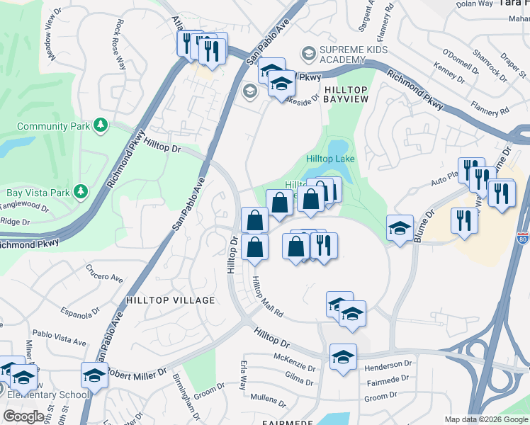 map of restaurants, bars, coffee shops, grocery stores, and more near 3815 Hillview Drive in Richmond