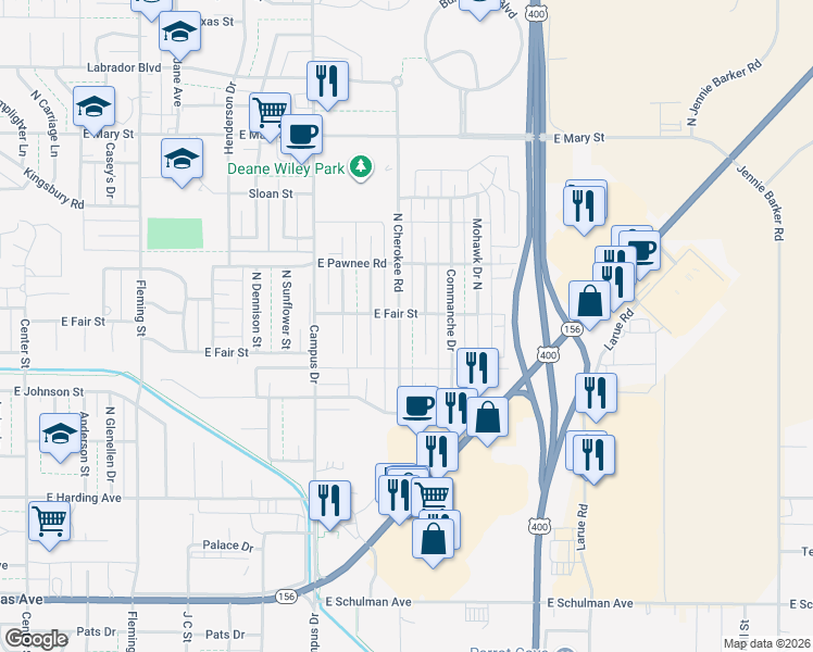 map of restaurants, bars, coffee shops, grocery stores, and more near 2010 Cherokee Road in Garden City
