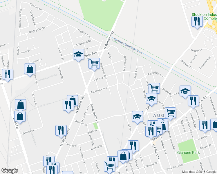 map of restaurants, bars, coffee shops, grocery stores, and more near Belvedere Ave & Robindale Ave in Stockton