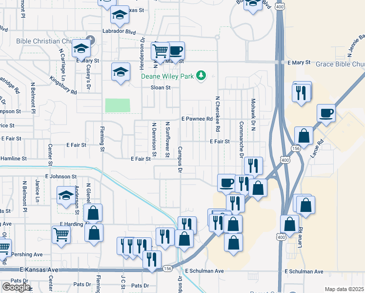 map of restaurants, bars, coffee shops, grocery stores, and more near 2007 Arapaho Drive North in Garden City