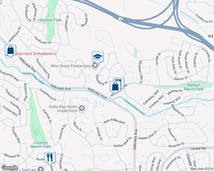 map of restaurants, bars, coffee shops, grocery stores, and more near 4229 Spaulding Street in Antioch