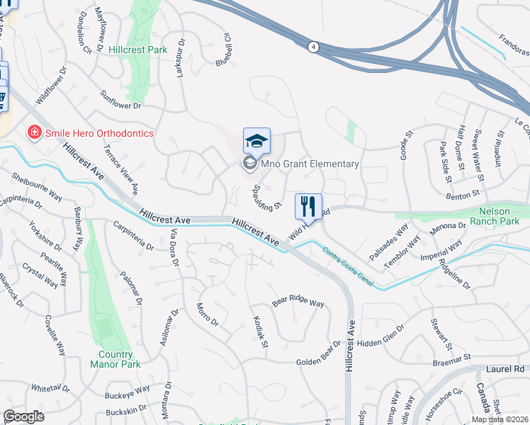 map of restaurants, bars, coffee shops, grocery stores, and more near 4215 Hillcrest Avenue in Antioch