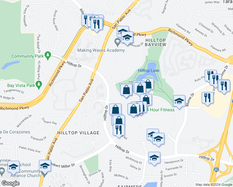 map of restaurants, bars, coffee shops, grocery stores, and more near 3815 Hillview Drive in Richmond