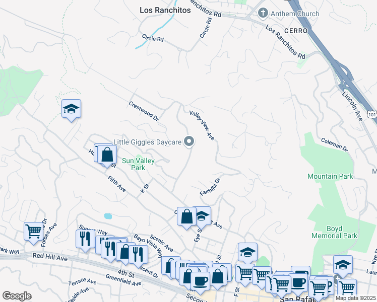 map of restaurants, bars, coffee shops, grocery stores, and more near 57 Elizabeth Way in San Rafael