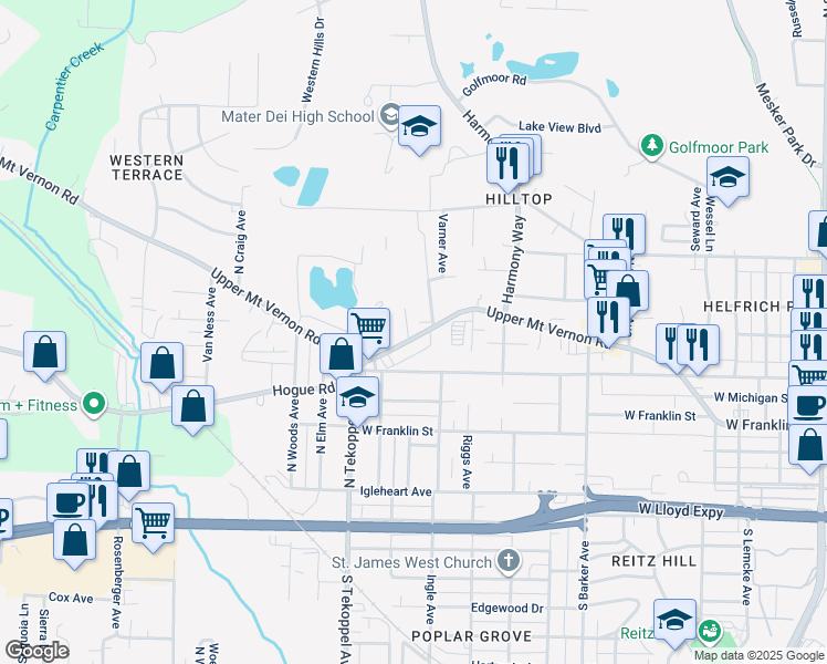 map of restaurants, bars, coffee shops, grocery stores, and more near 3400 Mount Vernon Avenue in Evansville